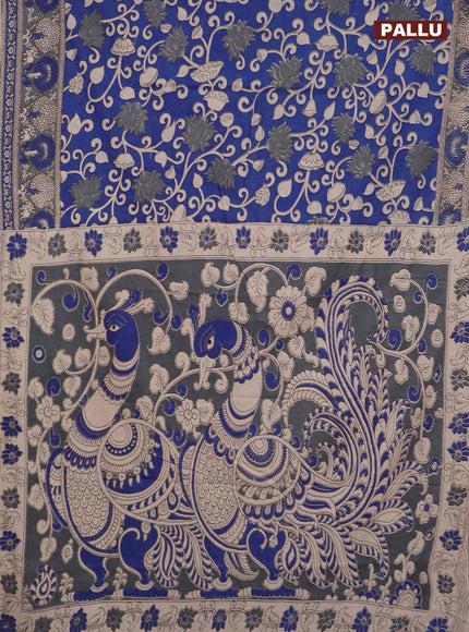 Kalamkari cotton saree blue and grey with allover prints and printed border