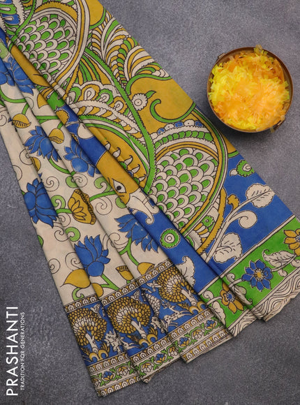 Kalamkari cotton saree cream and blue with allover prints and printed border