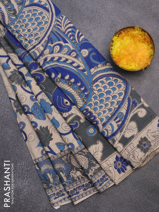 Kalamkari cotton saree beige and grey with allover prints and printed border