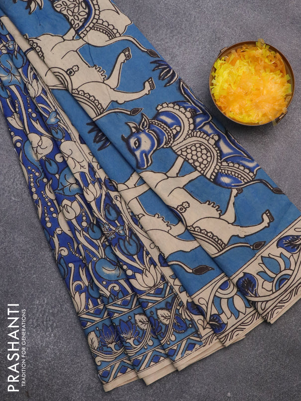 Kalamkari cotton saree blue with allover prints and printed border