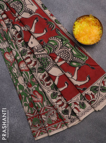 Kalamkari cotton saree green and maroon with allover prints and printed border