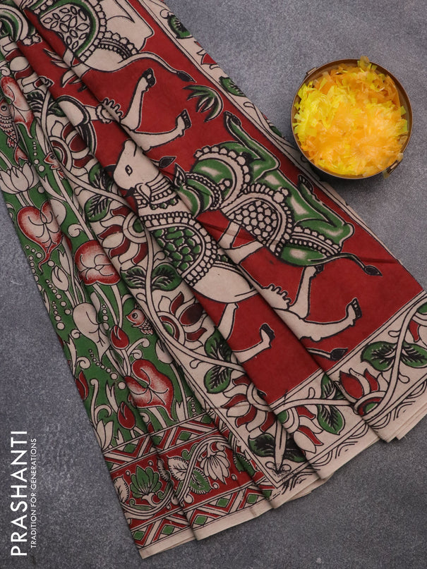 Kalamkari cotton saree green and maroon with allover prints and printed border