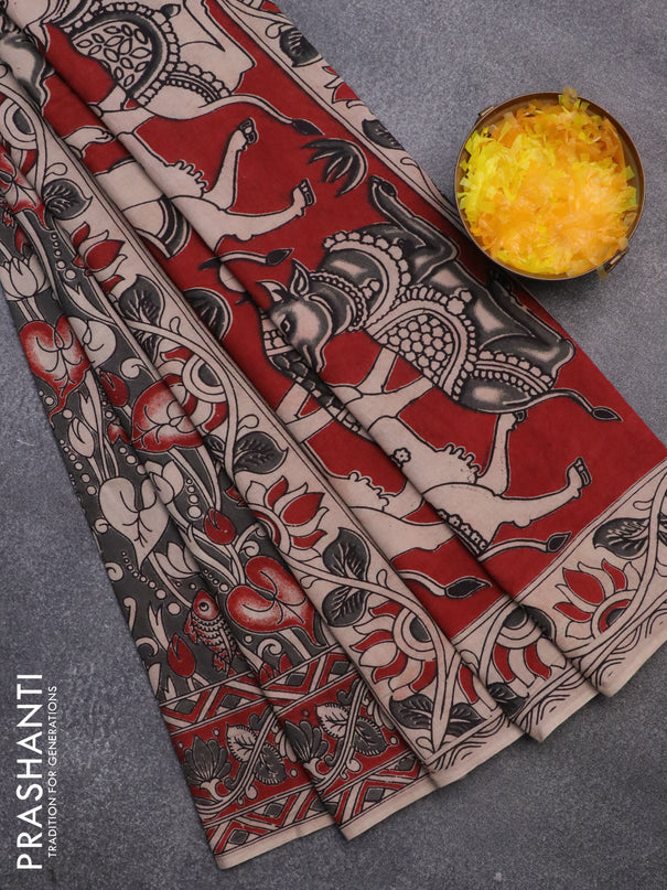 Kalamkari cotton saree grey and maroon with allover prints and printed border