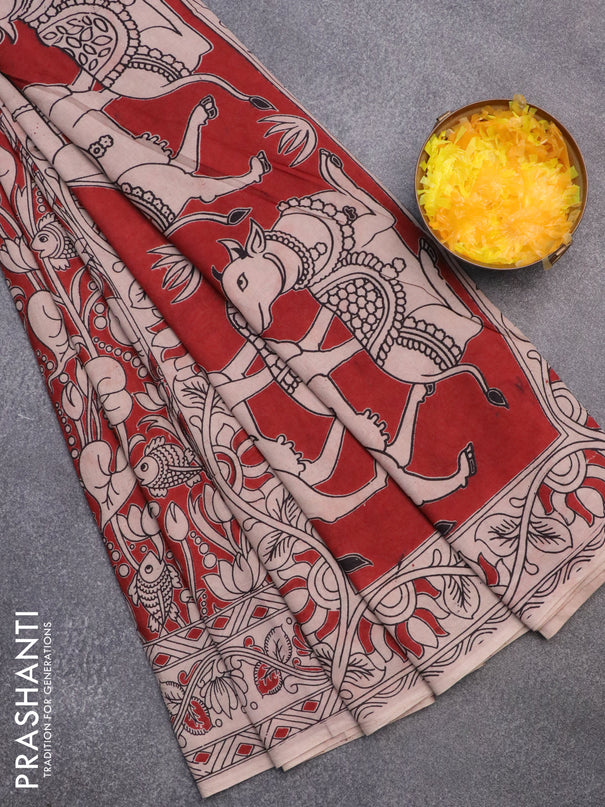 Kalamkari cotton saree maroon and beige with allover prints and printed border