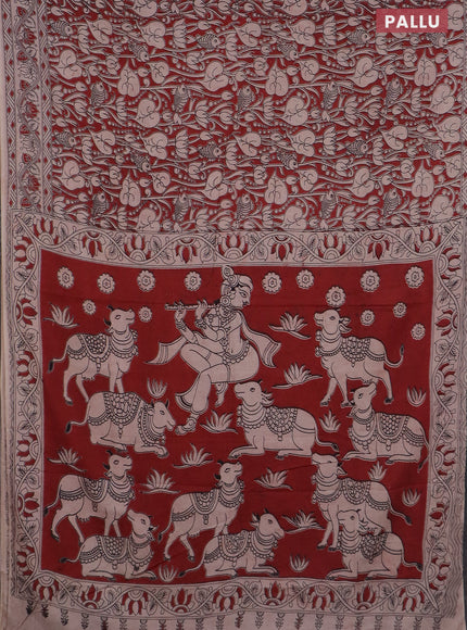 Kalamkari cotton saree maroon and beige with allover prints and printed border