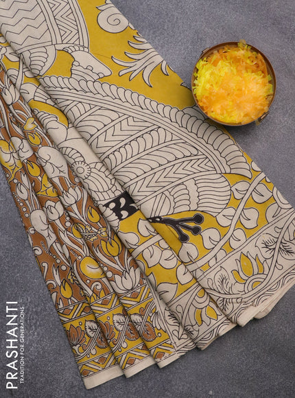 Kalamkari cotton saree dark mustard and yellow with allover prints and printed border