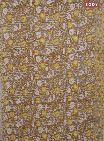 Kalamkari cotton saree dark mustard and yellow with allover prints and printed border