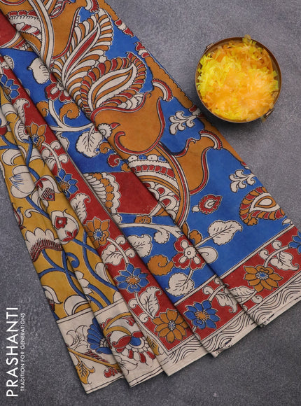 Kalamkari cotton saree mustard yellow and beige with allover prints and printed border