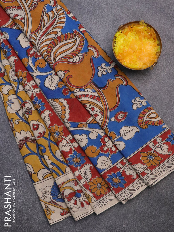 Kalamkari cotton saree mustard yellow and beige with allover prints and printed border