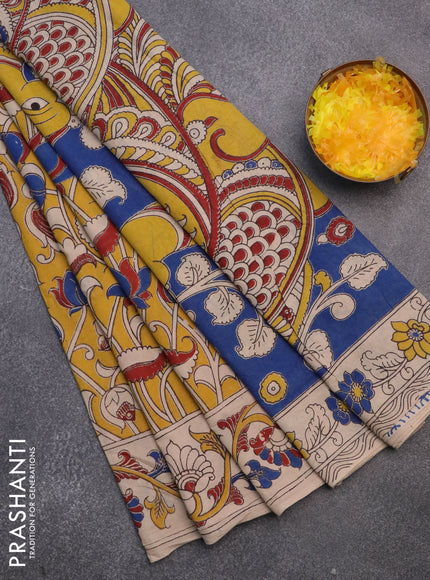 Kalamkari cotton saree mustard yellow and beige with allover prints and printed border