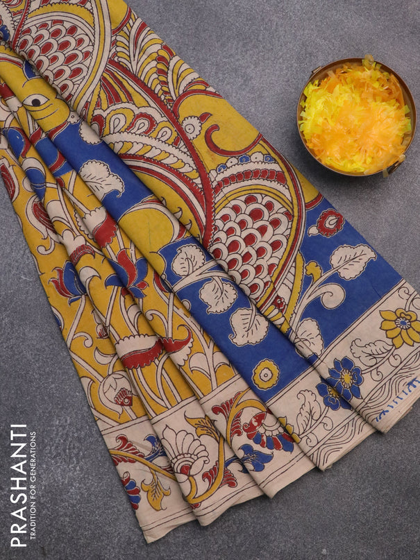 Kalamkari cotton saree mustard yellow and beige with allover prints and printed border