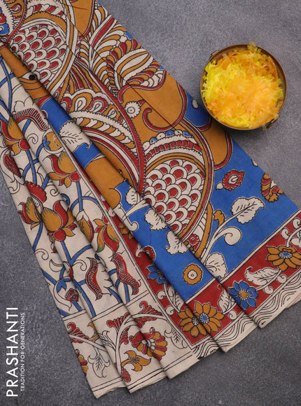 Kalamkari cotton saree beige and blue with allover prints and printed border