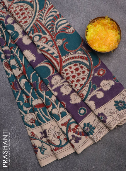 Kalamkari cotton saree peacock green and beige with allover prints and printed border