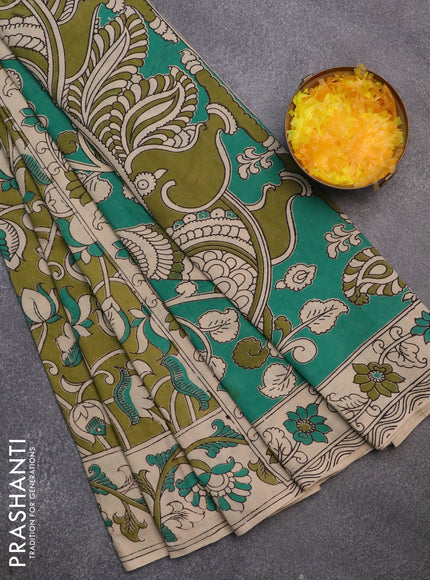 Kalamkari cotton saree mehendi green and beige with allover prints and printed border