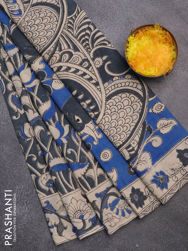 Kalamkari cotton saree grey and beige with allover prints and printed border