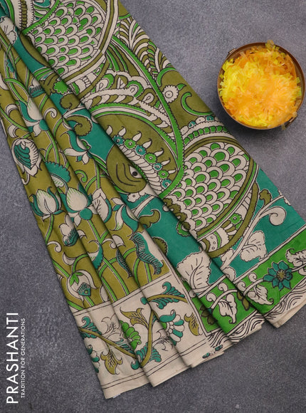 Kalamkari cotton saree mehendi green and beige with allover prints and printed border