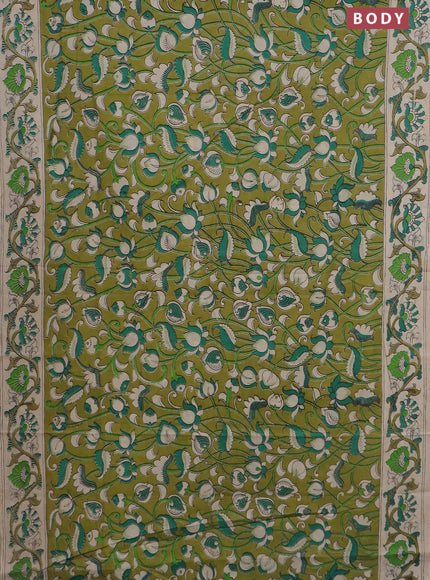 Kalamkari cotton saree mehendi green and beige with allover prints and printed border