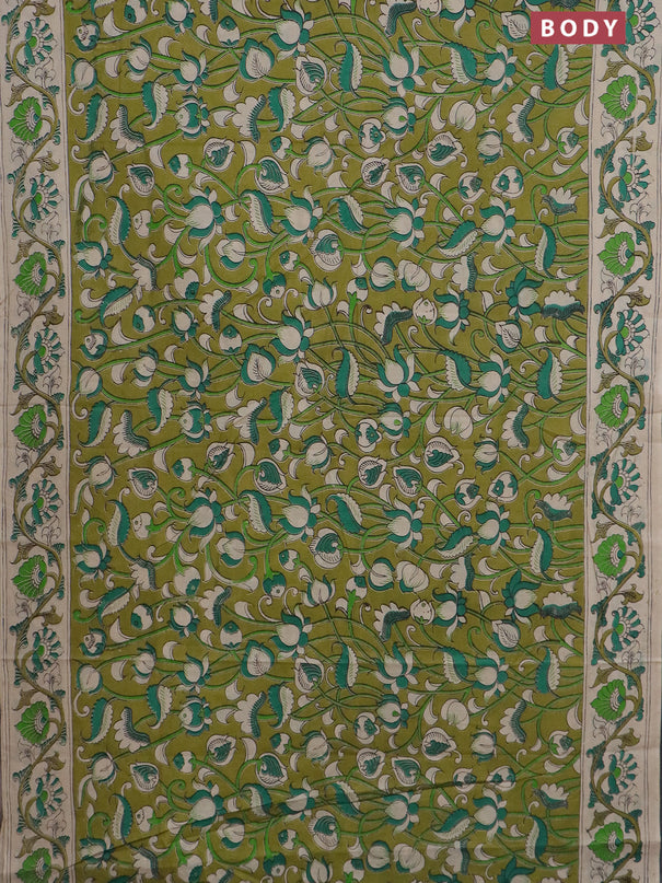 Kalamkari cotton saree mehendi green and beige with allover prints and printed border