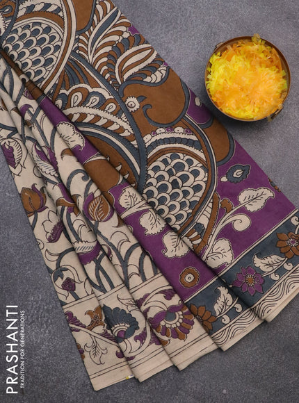 Kalamkari cotton saree beige and purple with allover prints and printed border