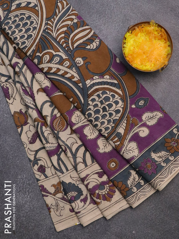 Kalamkari cotton saree beige and purple with allover prints and printed border