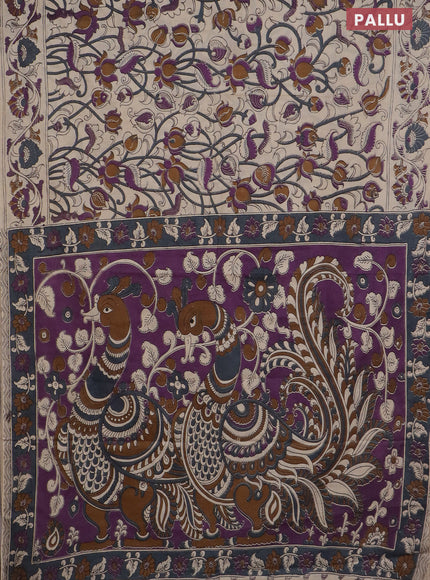 Kalamkari cotton saree beige and purple with allover prints and printed border