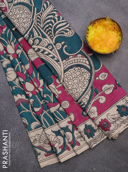 Kalamkari cotton saree peacock green and beige with allover prints and printed border