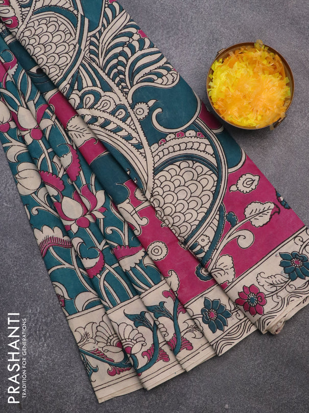 Kalamkari cotton saree peacock green and beige with allover prints and printed border