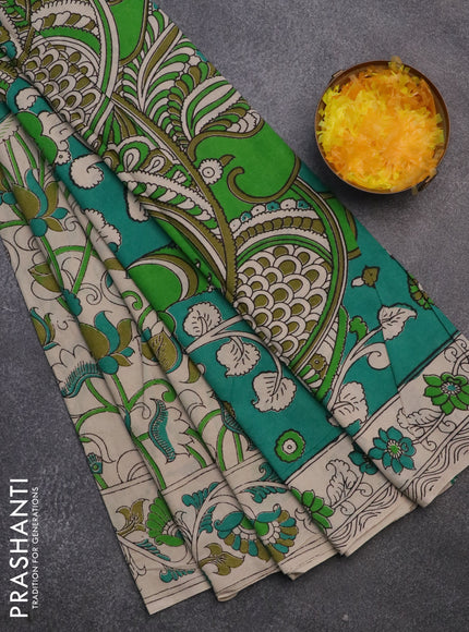 Kalamkari cotton saree beige and green with allover prints and printed border