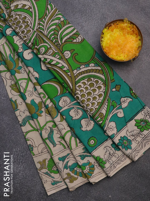 Kalamkari cotton saree beige and green with allover prints and printed border