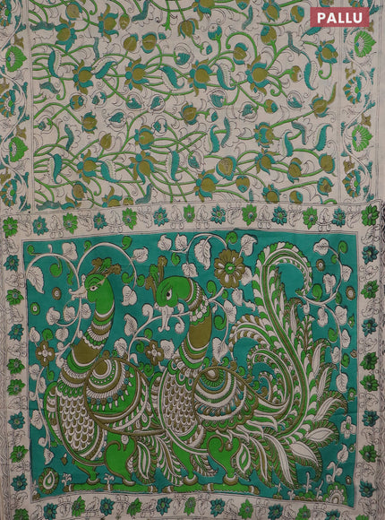 Kalamkari cotton saree beige and green with allover prints and printed border