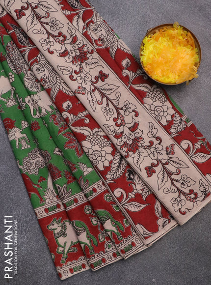 Kalamkari cotton saree green and maroon with allover prints and printed border