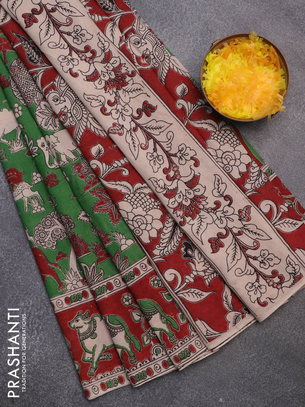 Kalamkari cotton saree green and maroon with allover prints and printed border