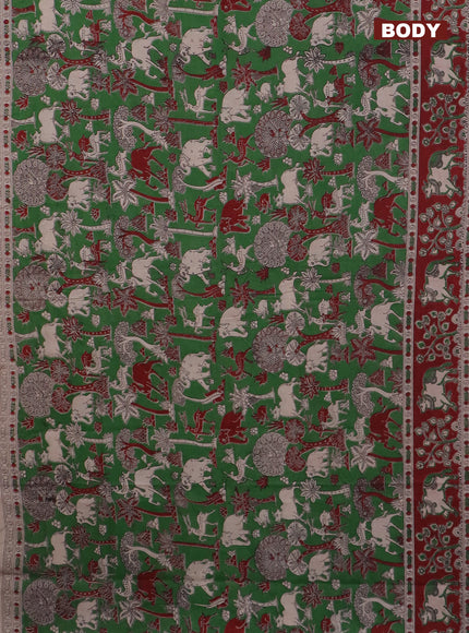 Kalamkari cotton saree green and maroon with allover prints and printed border