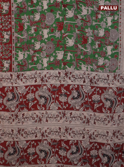 Kalamkari cotton saree green and maroon with allover prints and printed border