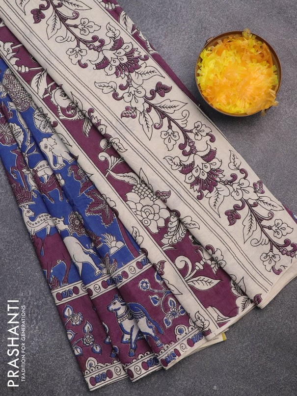 Kalamkari cotton saree blue and purple with allover prints and printed border