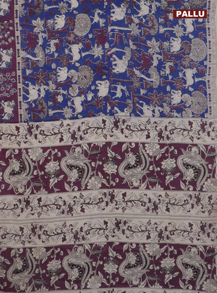 Kalamkari cotton saree blue and purple with allover prints and printed border