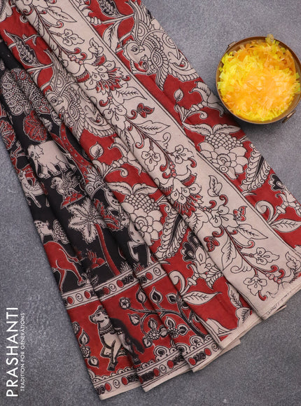 Kalamkari cotton saree black and maroon with allover prints and printed border