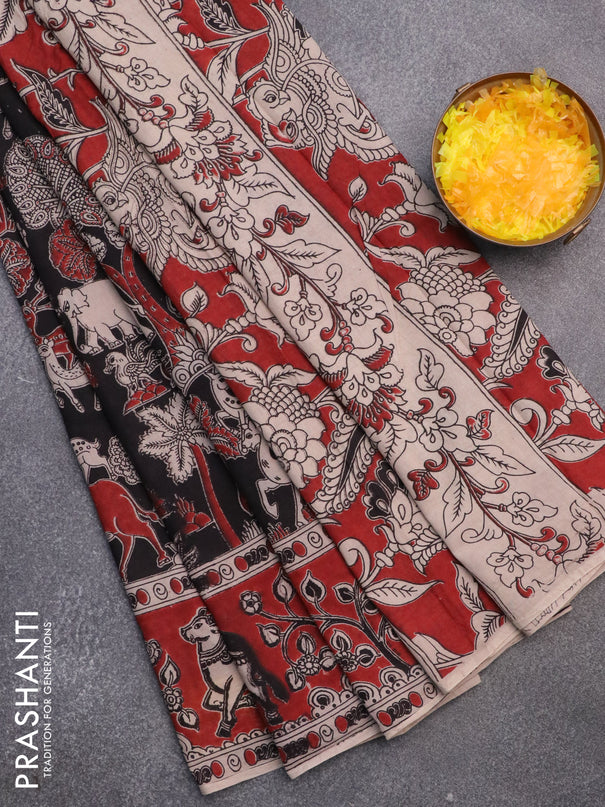 Kalamkari cotton saree black and maroon with allover prints and printed border