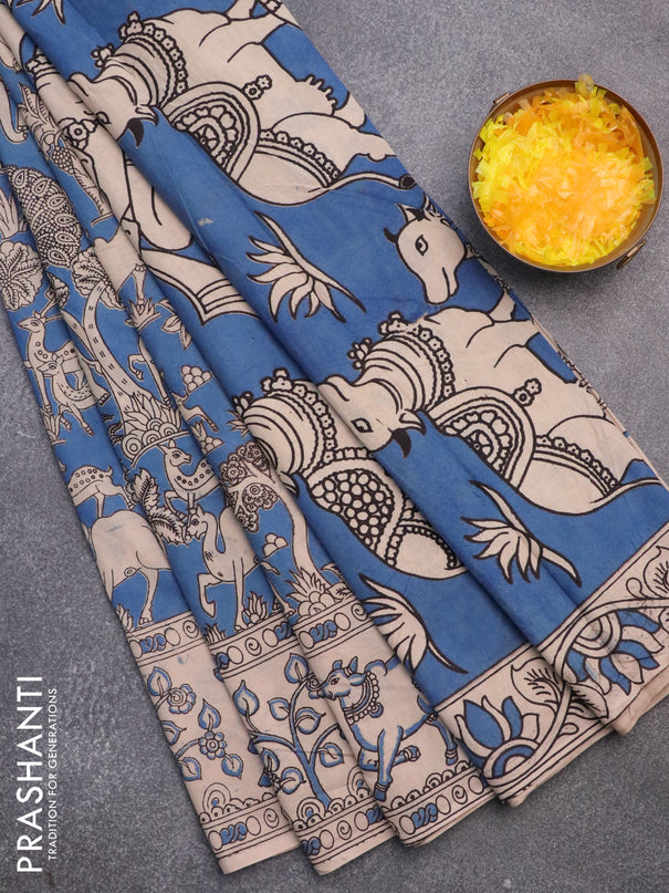 Kalamkari cotton saree blue and beige with allover prints and printed border