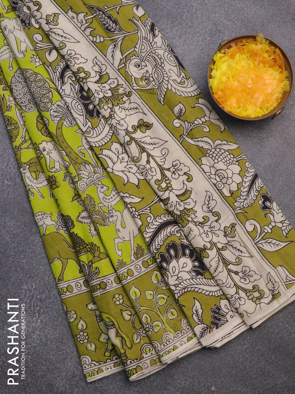 Kalamkari cotton saree lime green and mehendi green with allover prints and printed border