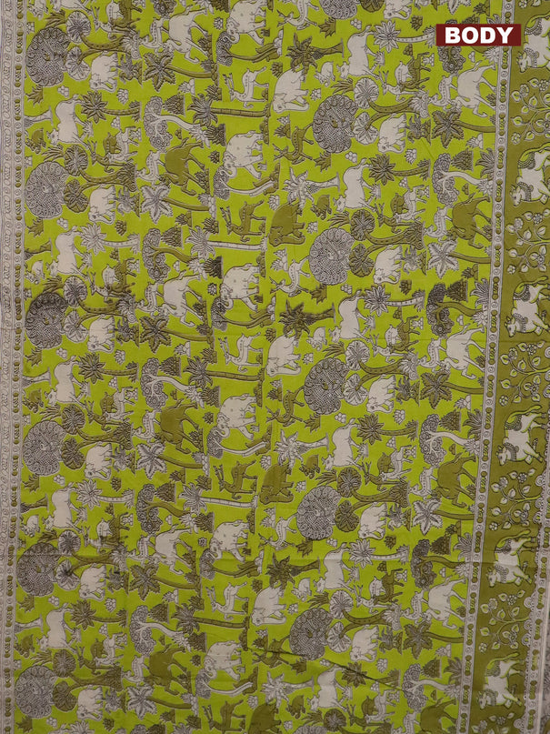 Kalamkari cotton saree lime green and mehendi green with allover prints and printed border