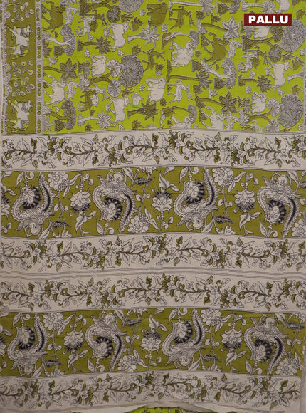 Kalamkari cotton saree lime green and mehendi green with allover prints and printed border