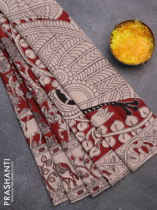 Kalamkari cotton saree maroon and beige with allover prints and printed border