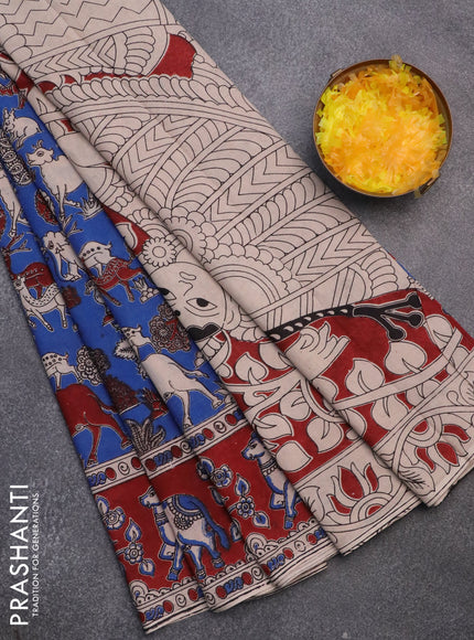 Kalamkari cotton saree blue and maroon with allover prints and printed border