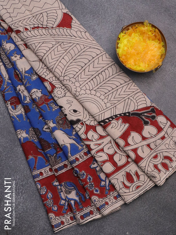 Kalamkari cotton saree blue and maroon with allover prints and printed border