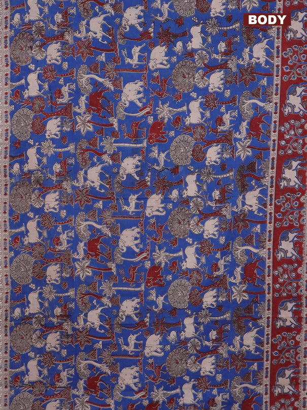 Kalamkari cotton saree blue and maroon with allover prints and printed border