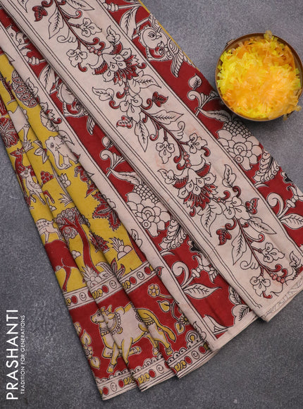 Kalamkari cotton saree yellow and maroon with allover prints and printed border