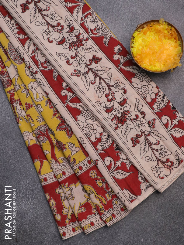 Kalamkari cotton saree yellow and maroon with allover prints and printed border