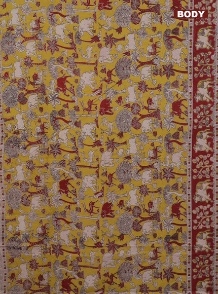 Kalamkari cotton saree yellow and maroon with allover prints and printed border