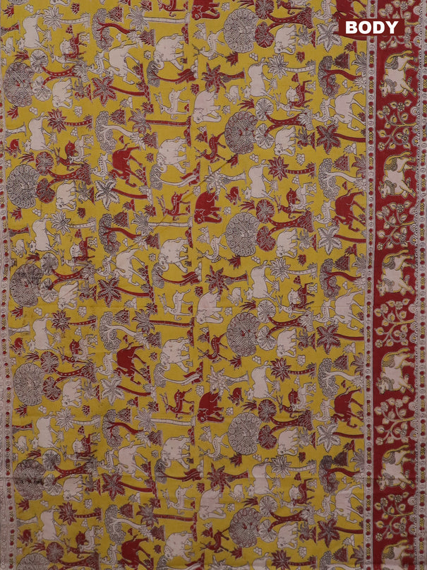 Kalamkari cotton saree yellow and maroon with allover prints and printed border